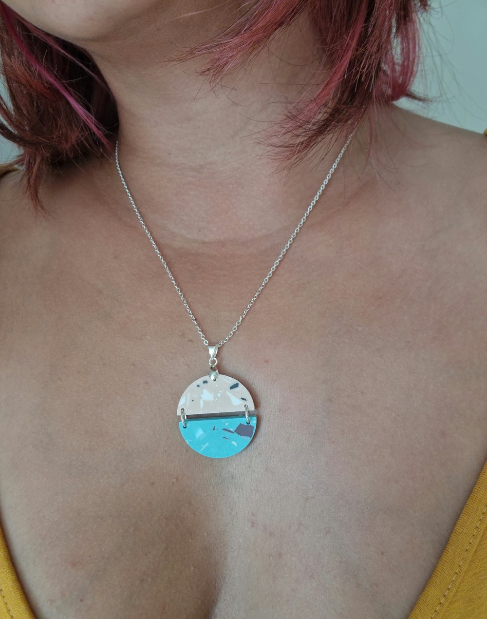 Image of Blue and Pink Split Circle Terrazzo Necklace