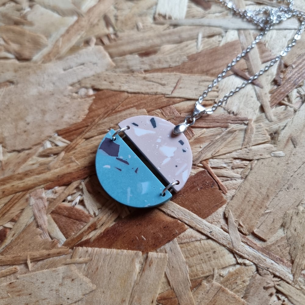 Image of Blue and Pink Split Circle Terrazzo Necklace