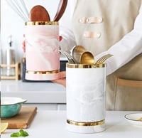 Image 4 of White Marble  with Gold Rim Ceramic Cooking Utensil holder 