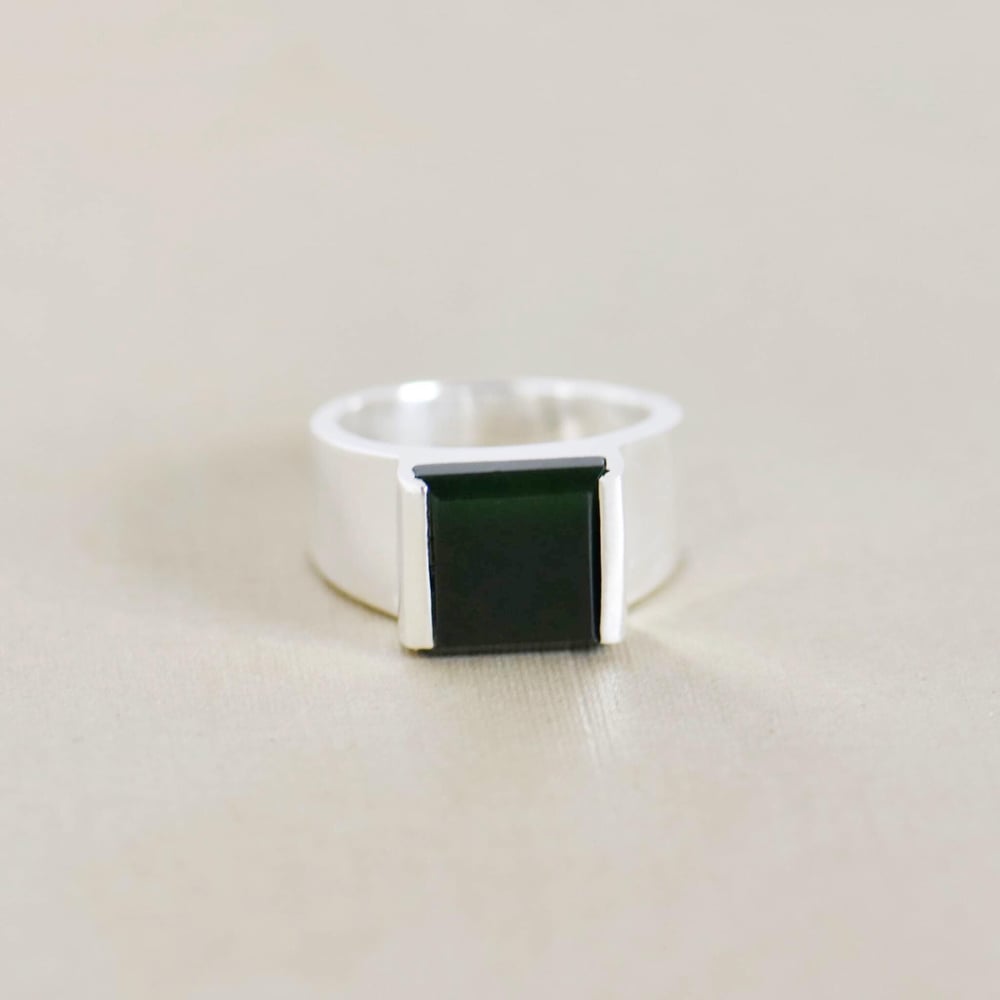 Image of Green Jade square cut wide band silver ring