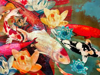 Image 3 of Original Canvas - Koi on Grey-Blue/Cadmium Orange/Gold - 30" x 30"