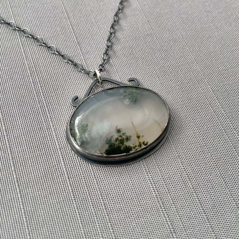 Sterling Silver and Green Moss Agate Necklace