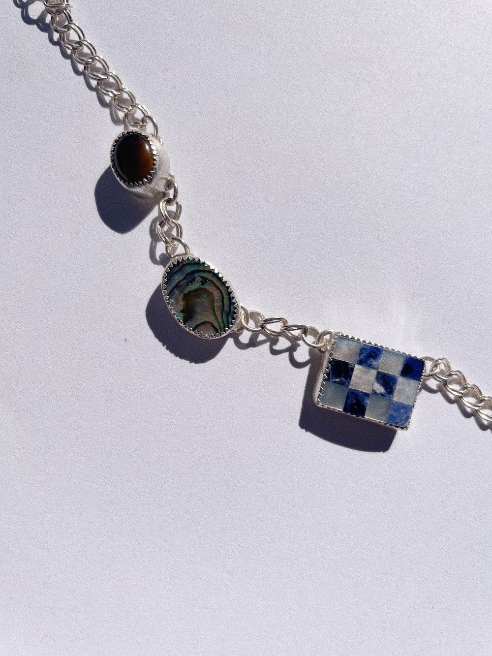 Image of Rainbow Charm Necklace: Sodalite, MOP, Tigers Eye & Abalone