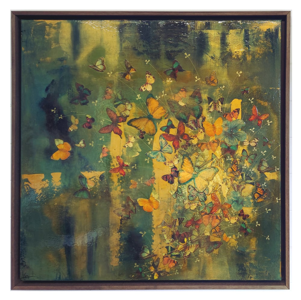 Image of Original Canvas - Butterflies on Greens/Gold - 30" x 30"