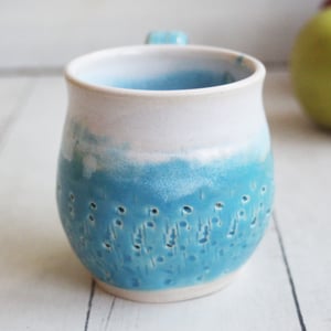 Image of Small Pottery Mug in Turquoise and White Glazes, 10 oz. Tea Mug, Made in USA