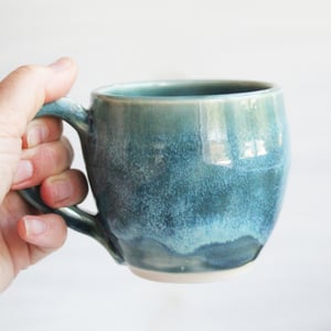 Image of Pottery Mug in Shades of Blue and Turquoise Glazes, 12 oz. Coffee Cup, Made in USA