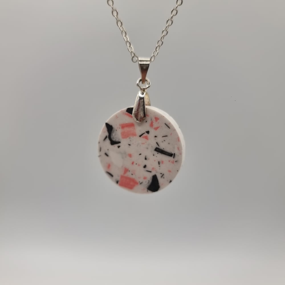 Image of White Circle Pendant with Pink, White and Black Terrazzo