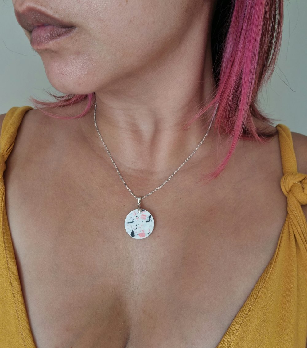 Image of White Circle Pendant with Pink, White and Black Terrazzo