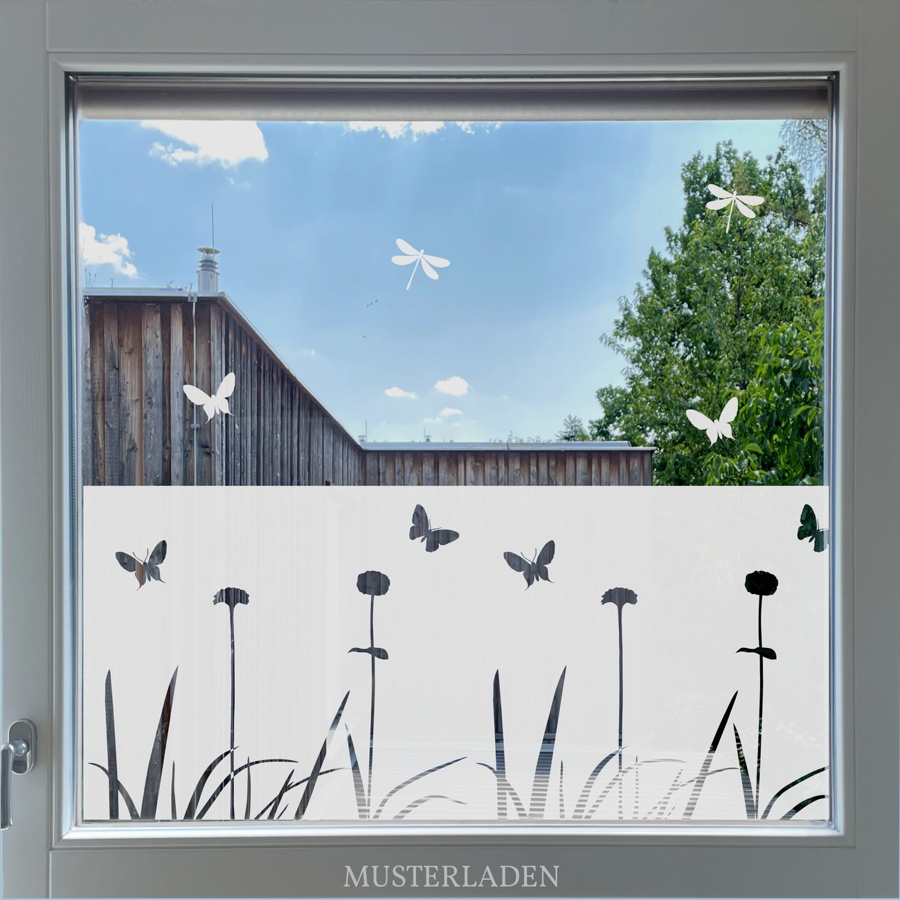 Sichtschutz für Fenster mit Blumen und Schmetterlingen MUSTERLADEN