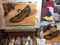 Image 2 of Brown Mary Janes, still life oil painting