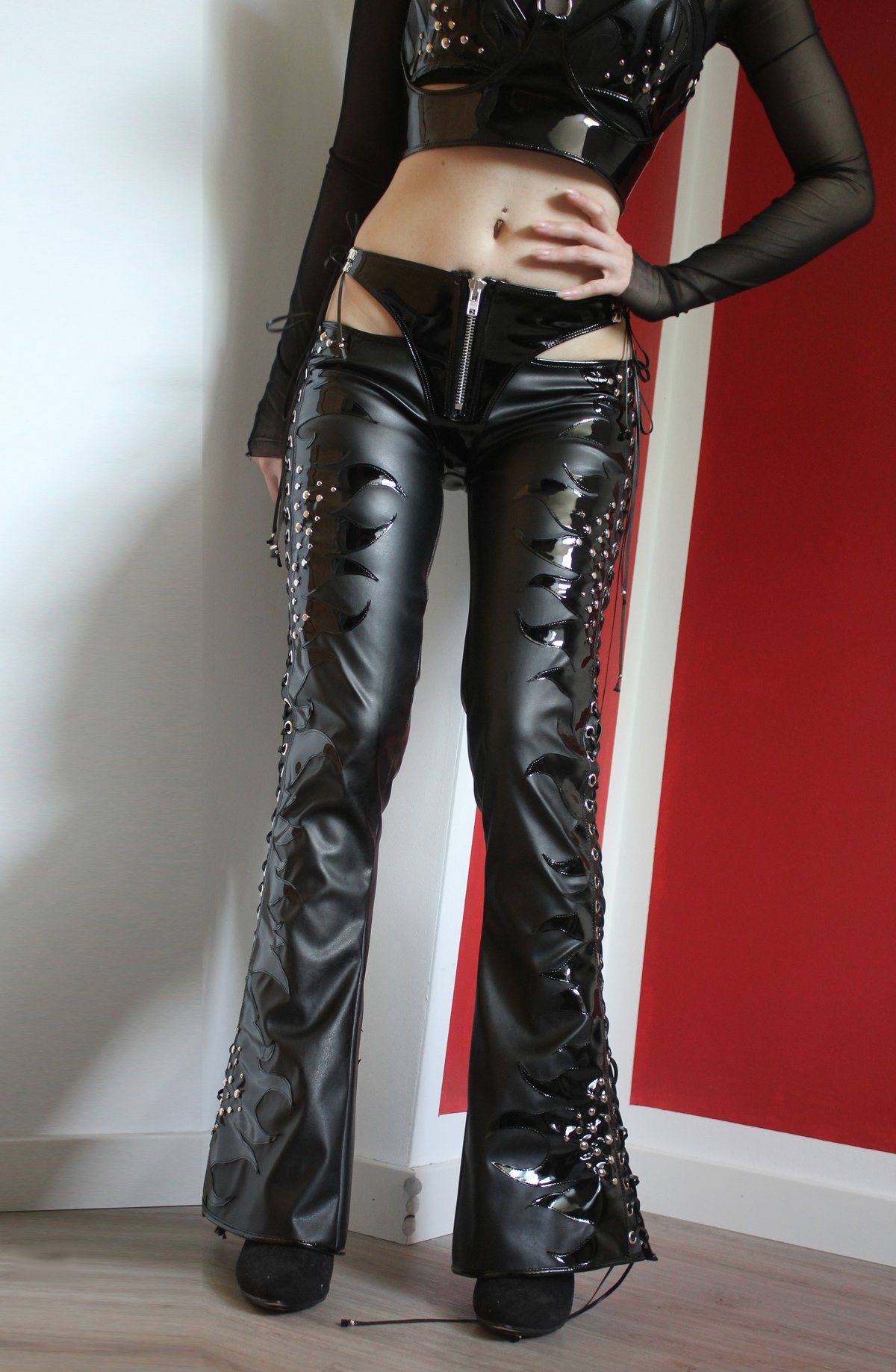 Image of Black on black flame pants with lace up panty (Size S/M)