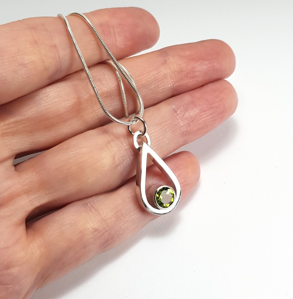 Image of Sterling Silver Peridot Pendant Necklace, Solid Silver Teardrop Necklace, August Birthstone