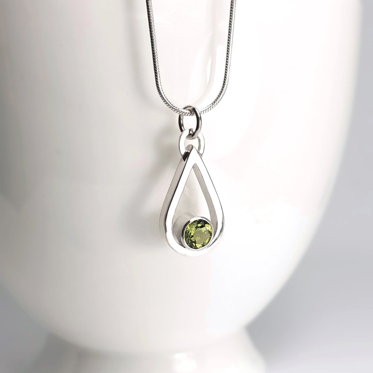 Image of Sterling Silver Peridot Pendant Necklace, Solid Silver Teardrop Necklace, August Birthstone