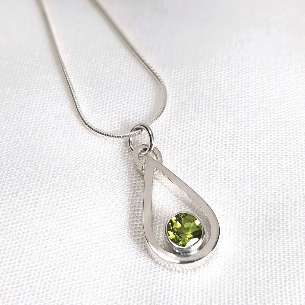 Image of Sterling Silver Peridot Pendant Necklace, Solid Silver Teardrop Necklace, August Birthstone