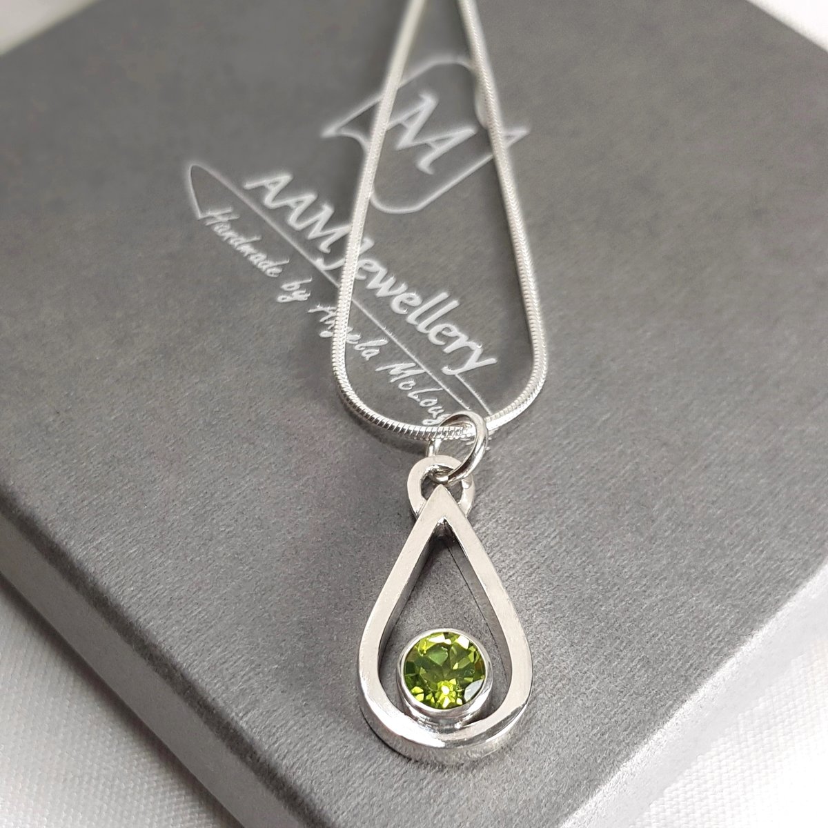 Image of Sterling Silver Peridot Pendant Necklace, Solid Silver Teardrop Necklace, August Birthstone