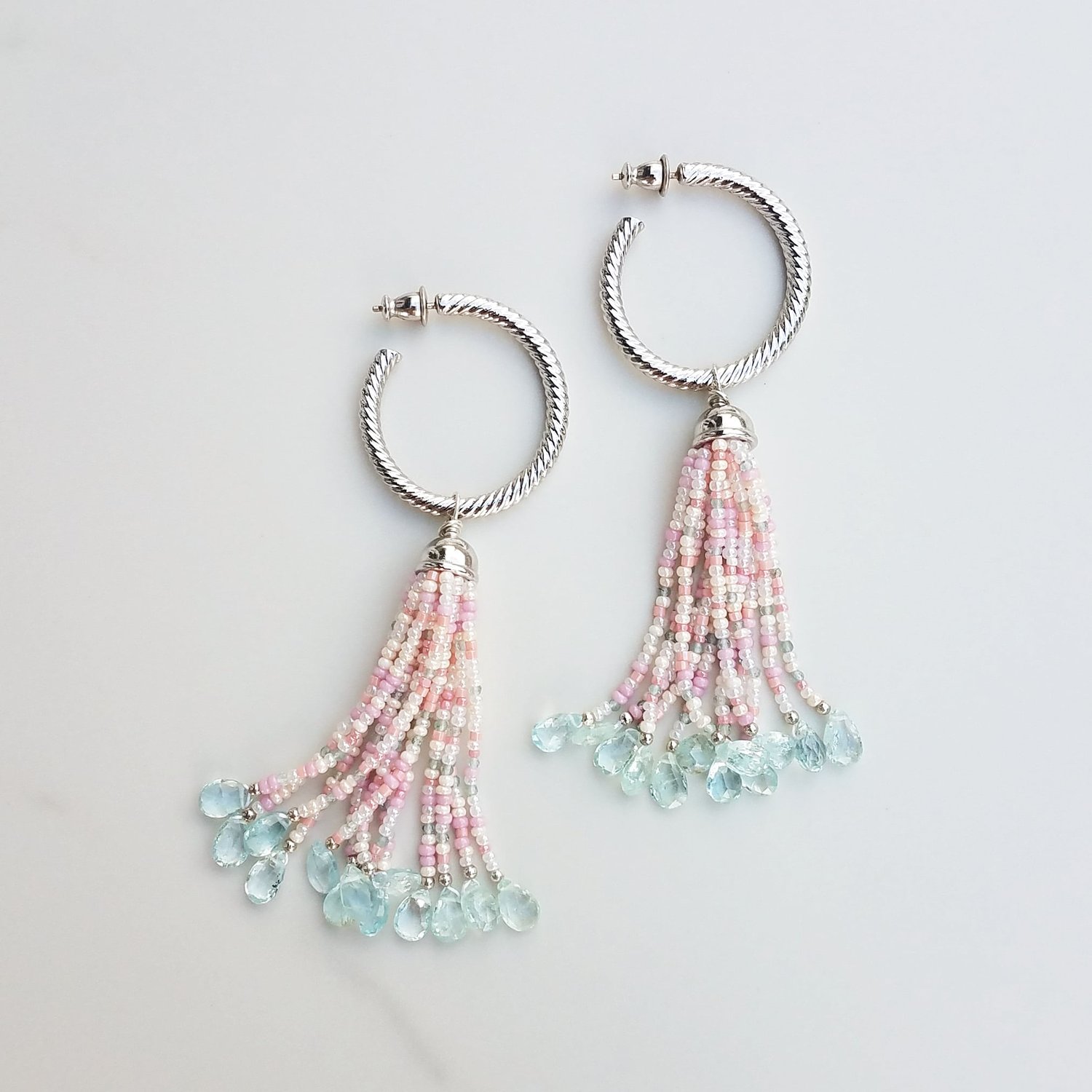 Vintage Hoop & Aquamarine Tassel Earrings