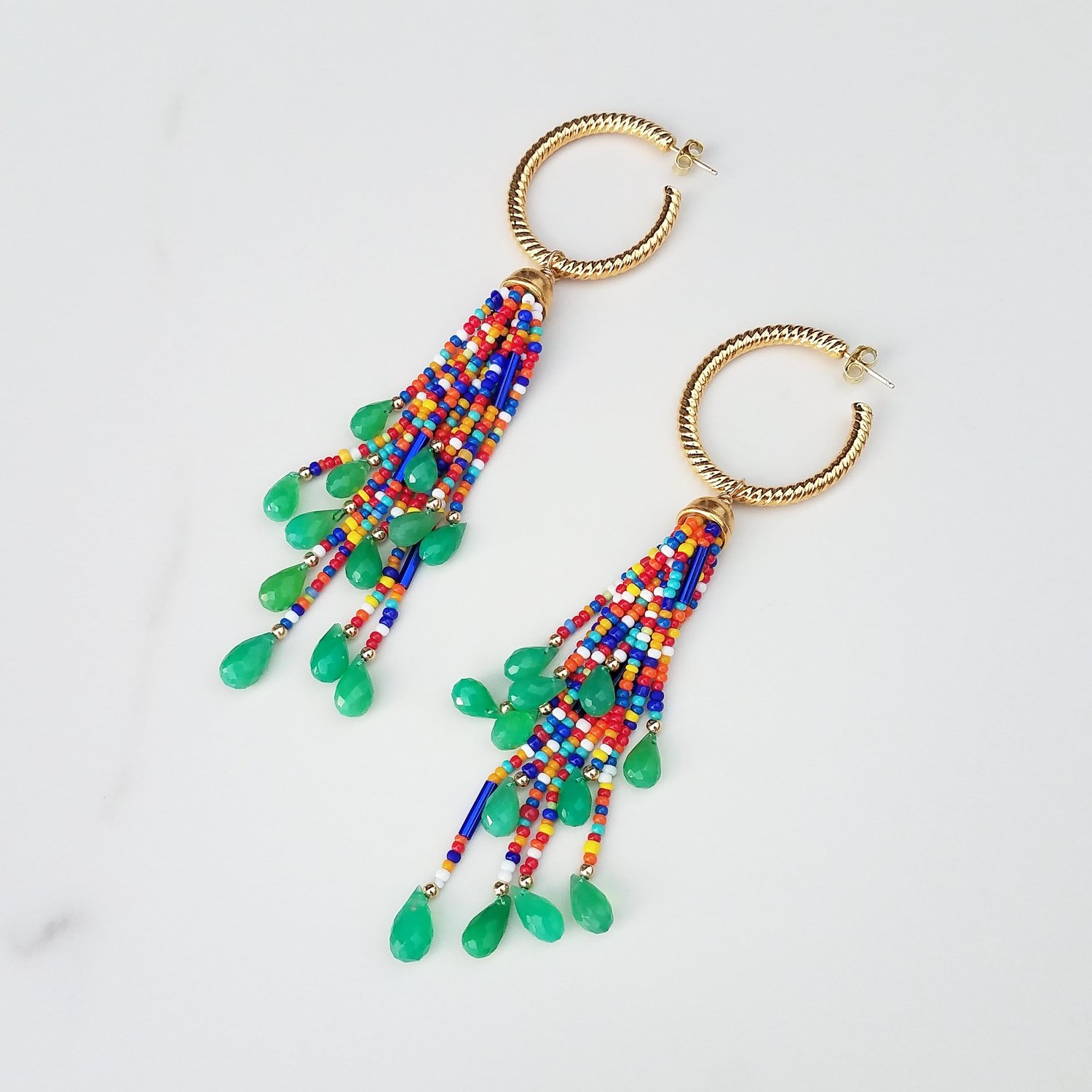 Vintage Hoop & Chrysoprase Tassel Earrings