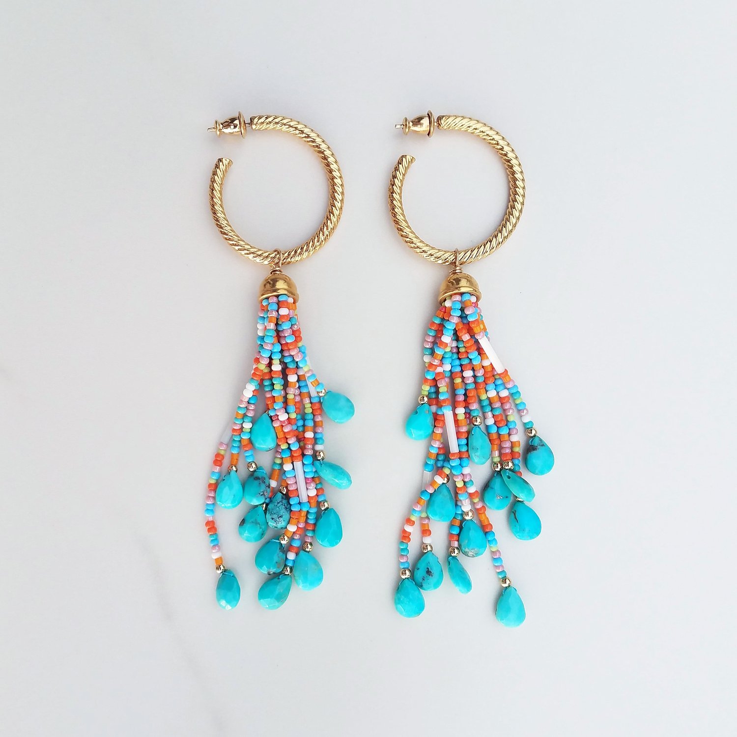 Vintage Hoop & Turquoise Tassel Earrings