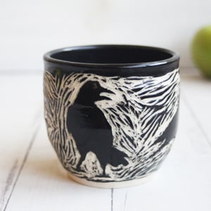 Image of Black Crow Sgraffito Mug, Hand Carved Raven Coffee Cup, 12 oz Made in USA