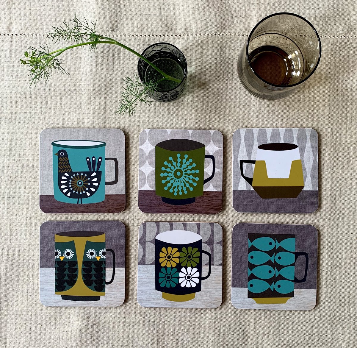 Retro Cups Coasters - Blue/Green or Orange/Pink