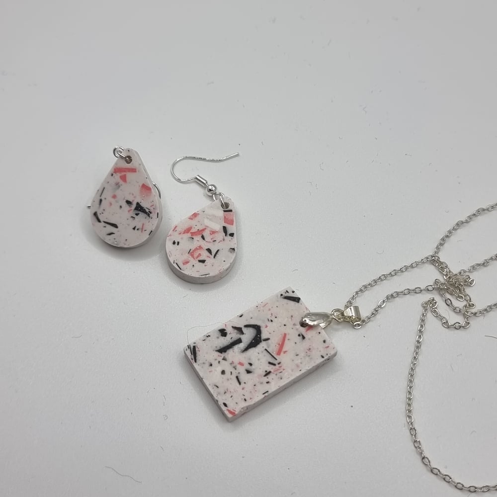 Image of White Rectangular Pendant with Pink, White and Black Terrazzo