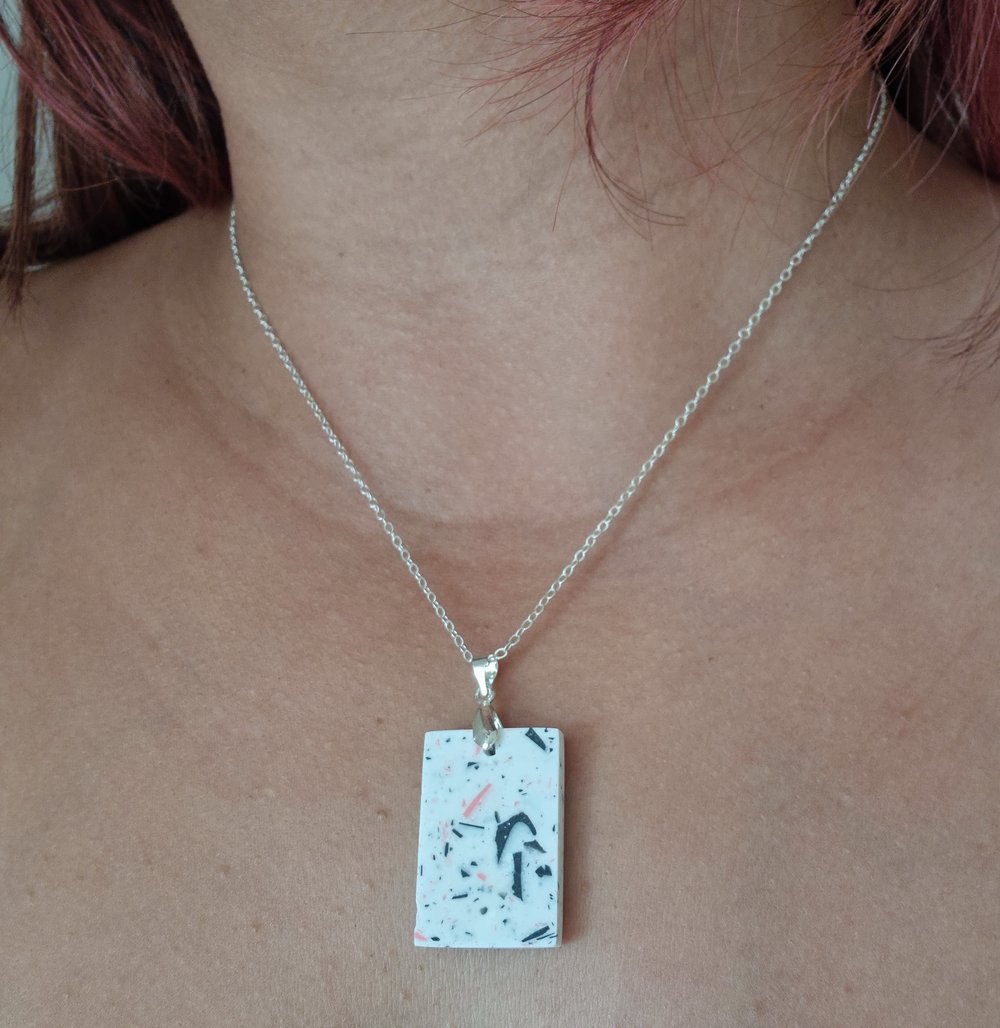 Image of White Rectangular Pendant with Pink, White and Black Terrazzo