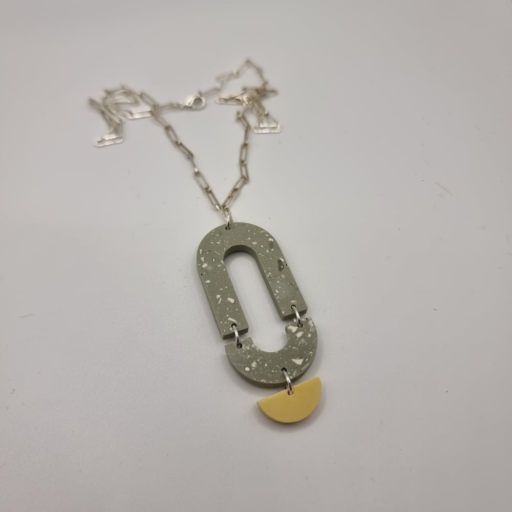 Image of Khaki Green with White Terrazzo and Yellow Half Moon Abstract Necklace