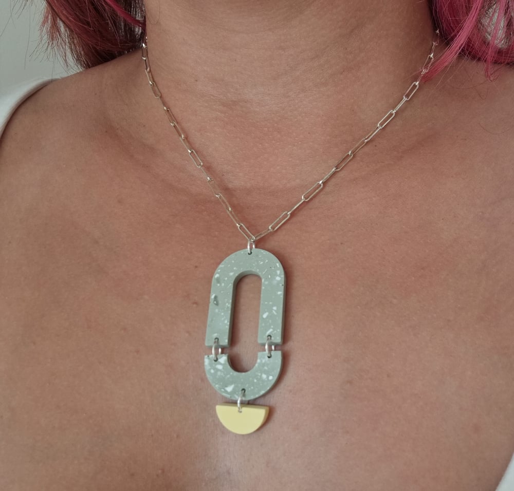 Image of Khaki Green with White Terrazzo and Yellow Half Moon Abstract Necklace
