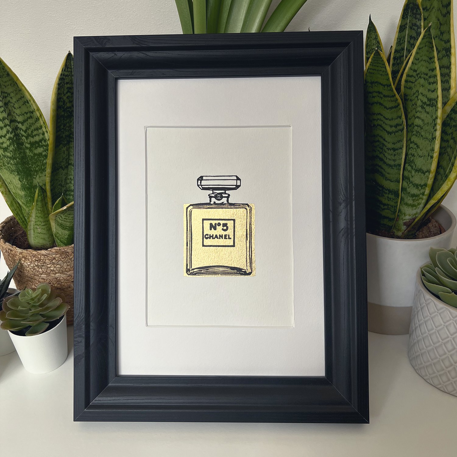 Chanel No. 5 gold print — Limited edition gilded linocut print — (A4/Unframed)