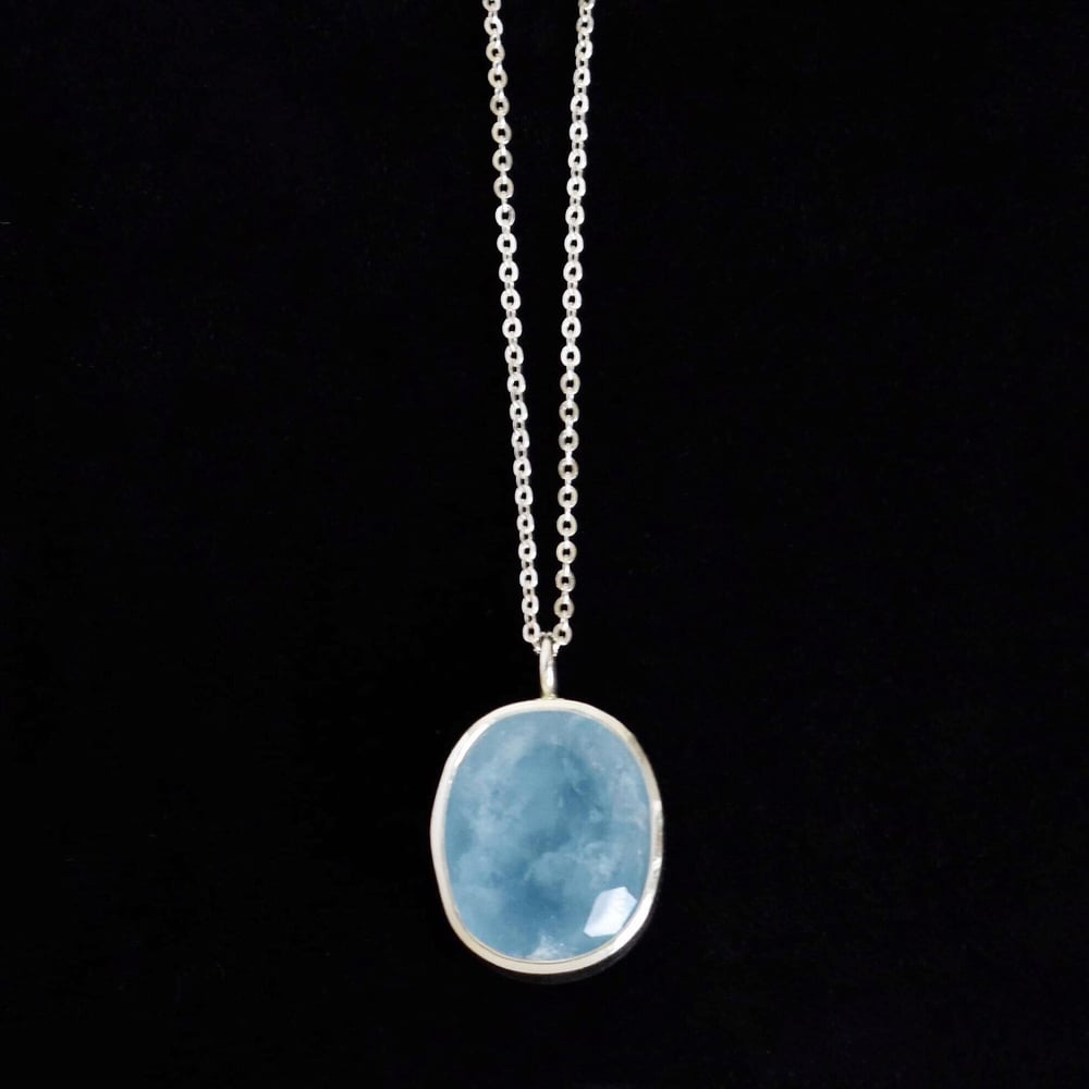 Image of Big Icy Blue Aquamarine cushion cut silver necklace