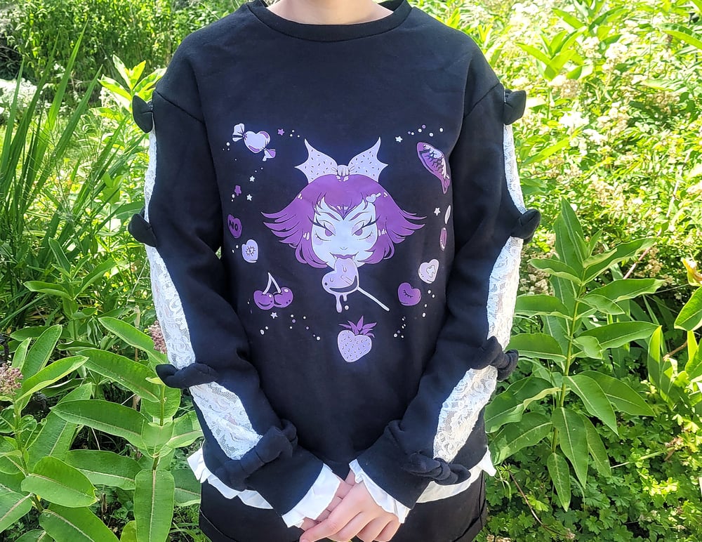 Image of "Candy Witch" Lace and Bow Detailing Black Poly-Cotton Sweater