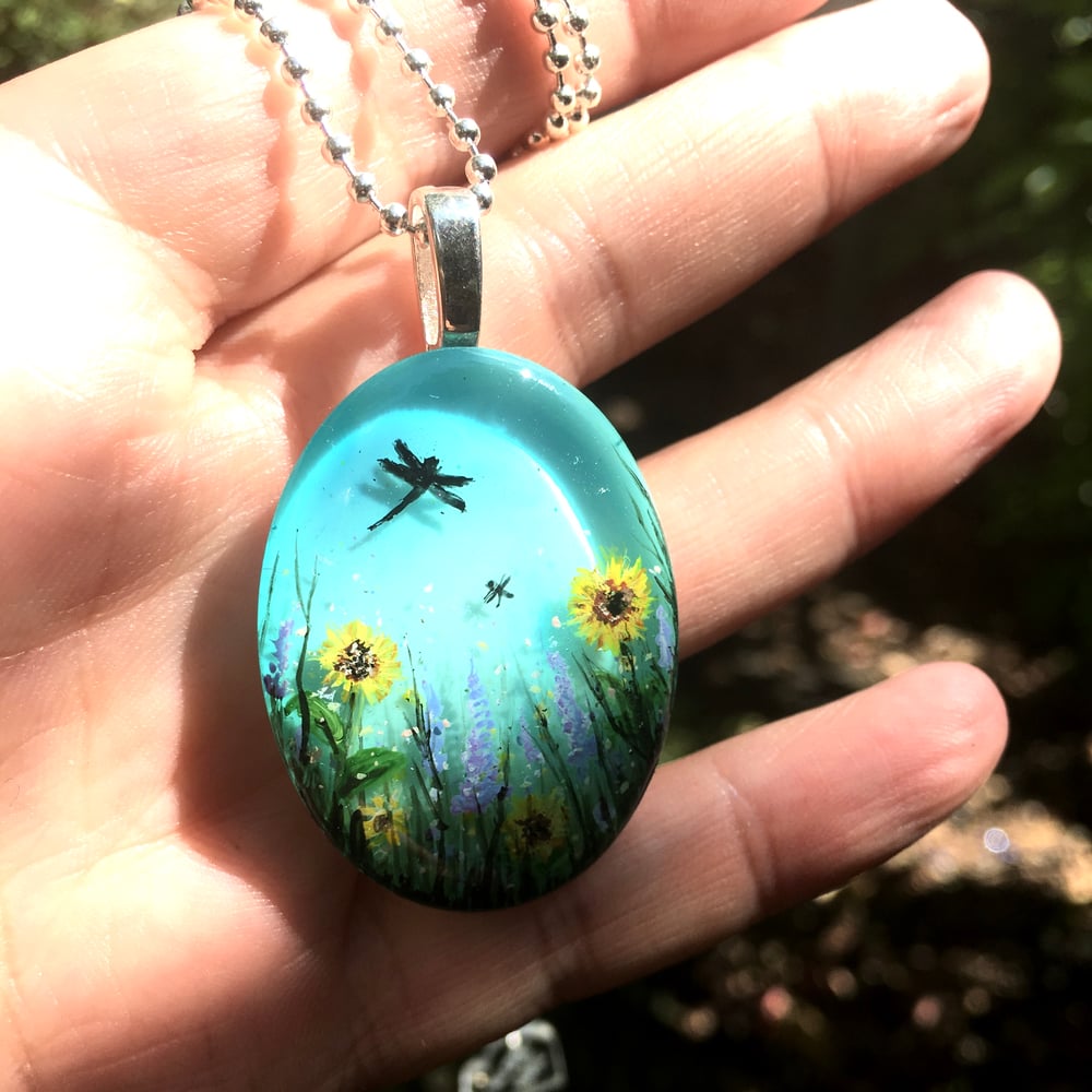 Summer Meadow with Sunflowers Hand Painted Resin Pendant