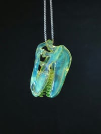 Image 2 of Yoshi (CFL) T-Rex skull pendant with illuminati (UV) teeth