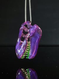 Image 2 of Stargazer T-Rex skull pendant with illuminati (UV) teeth 💜💚