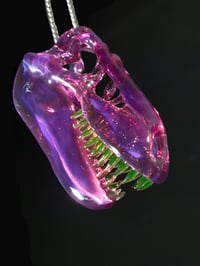 Image 3 of Stargazer T-Rex skull pendant with illuminati (UV) teeth 💜💚