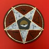 pentacle brick-red/gold/gray on wood disk