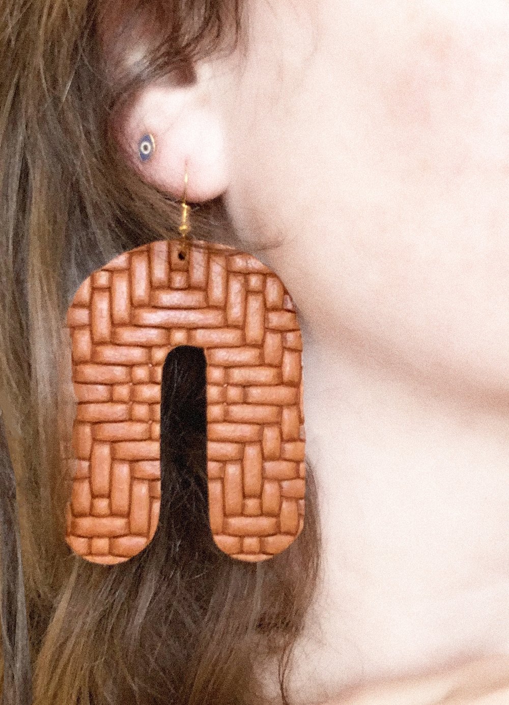 Leather Earrings-Saddle Tan Basket Weave