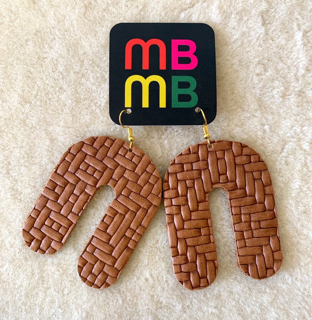 Leather Earrings-Saddle Tan Basket Weave