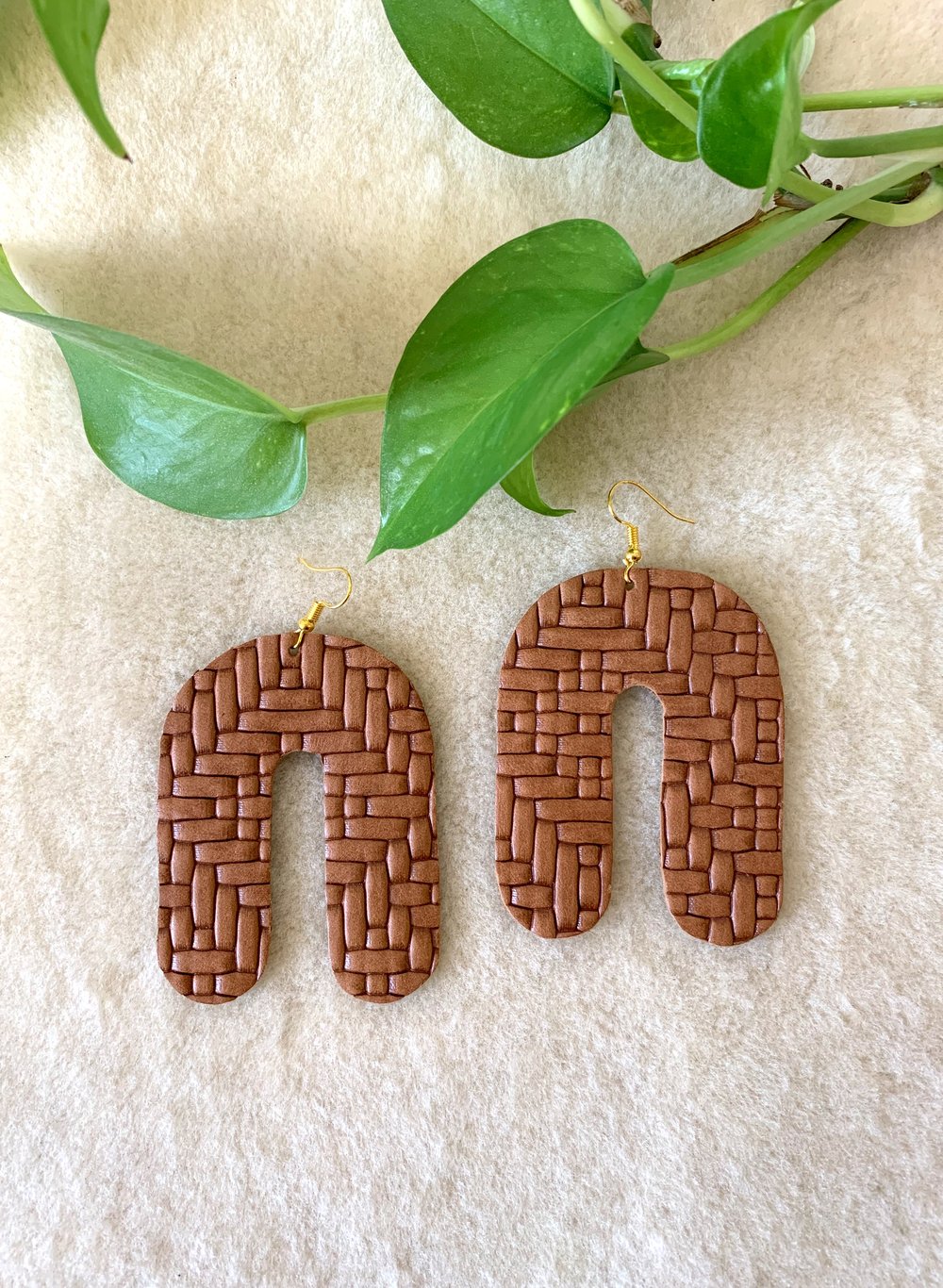 Leather Earrings-Saddle Tan Basket Weave