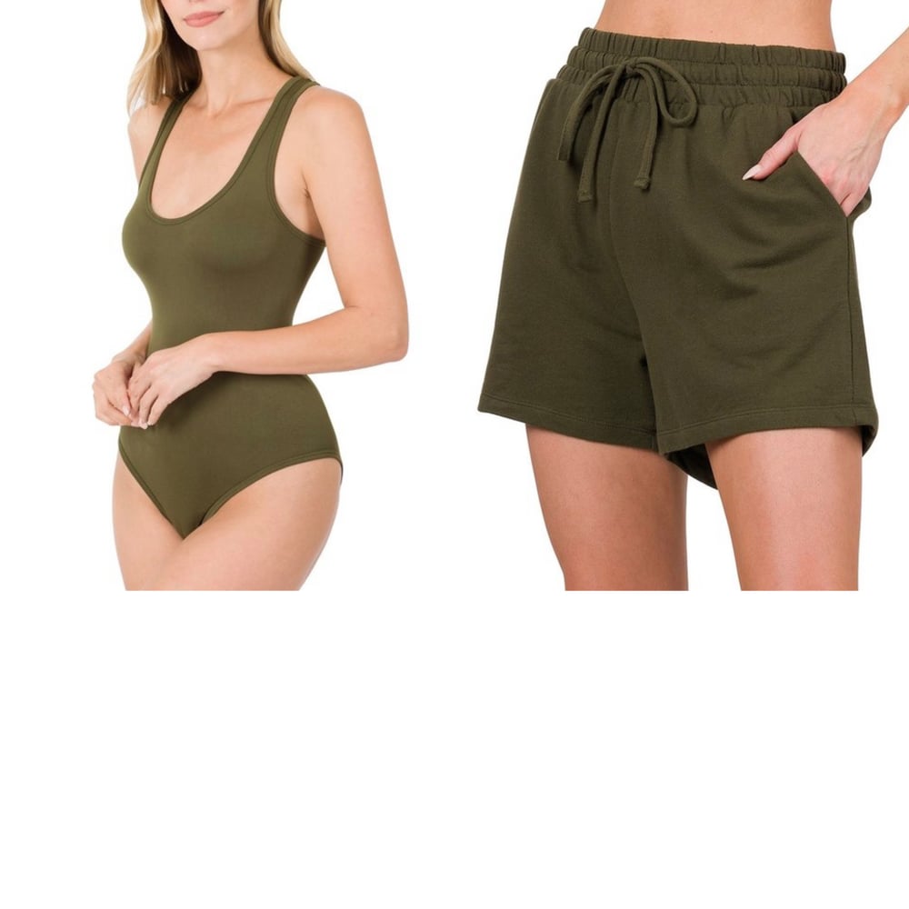 Image of Jogger Shorts & Bodysuit Set  (dark olive) 