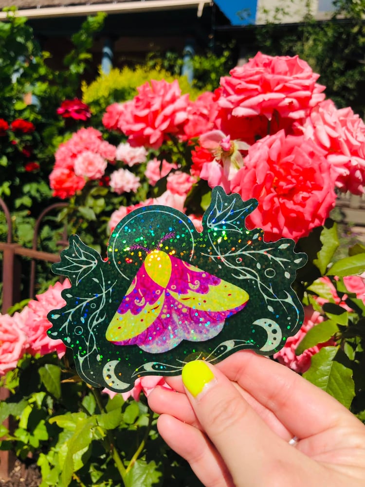 Image of Rosy Maple Moth Shiny Vinyl Sticker