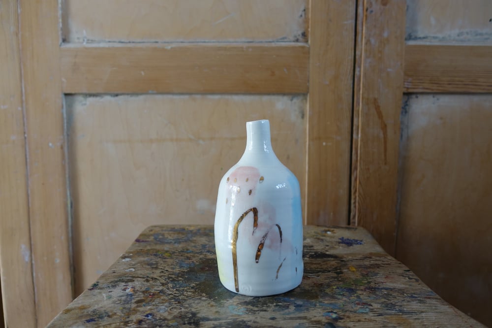 Image of Porcelain bottle with gold lustre and pink glaze