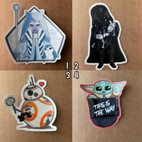 50% off Stickers! Only $2.50 Each!! Ahsoka, Vader puppies, BB mine, Baby Yoda helmet!