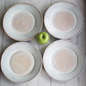 Image of Rustic White and Ocher Stoneware Dinnerware Set of Four Dinner Plates Ready to Ship