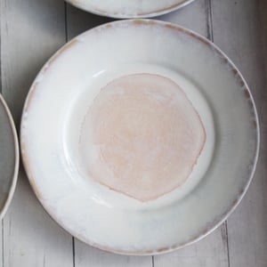 Image of Rustic White and Ocher Stoneware Dinnerware Set of Four Dinner Plates Ready to Ship