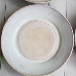 Image of Rustic White and Ocher Stoneware Dinnerware Set of Four Dinner Plates Ready to Ship