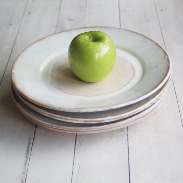 Image of Rustic White and Ocher Stoneware Dinnerware Set of Four Dinner Plates Ready to Ship