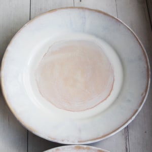 Image of Rustic White and Ocher Stoneware Dinnerware Set of Four Dinner Plates Ready to Ship