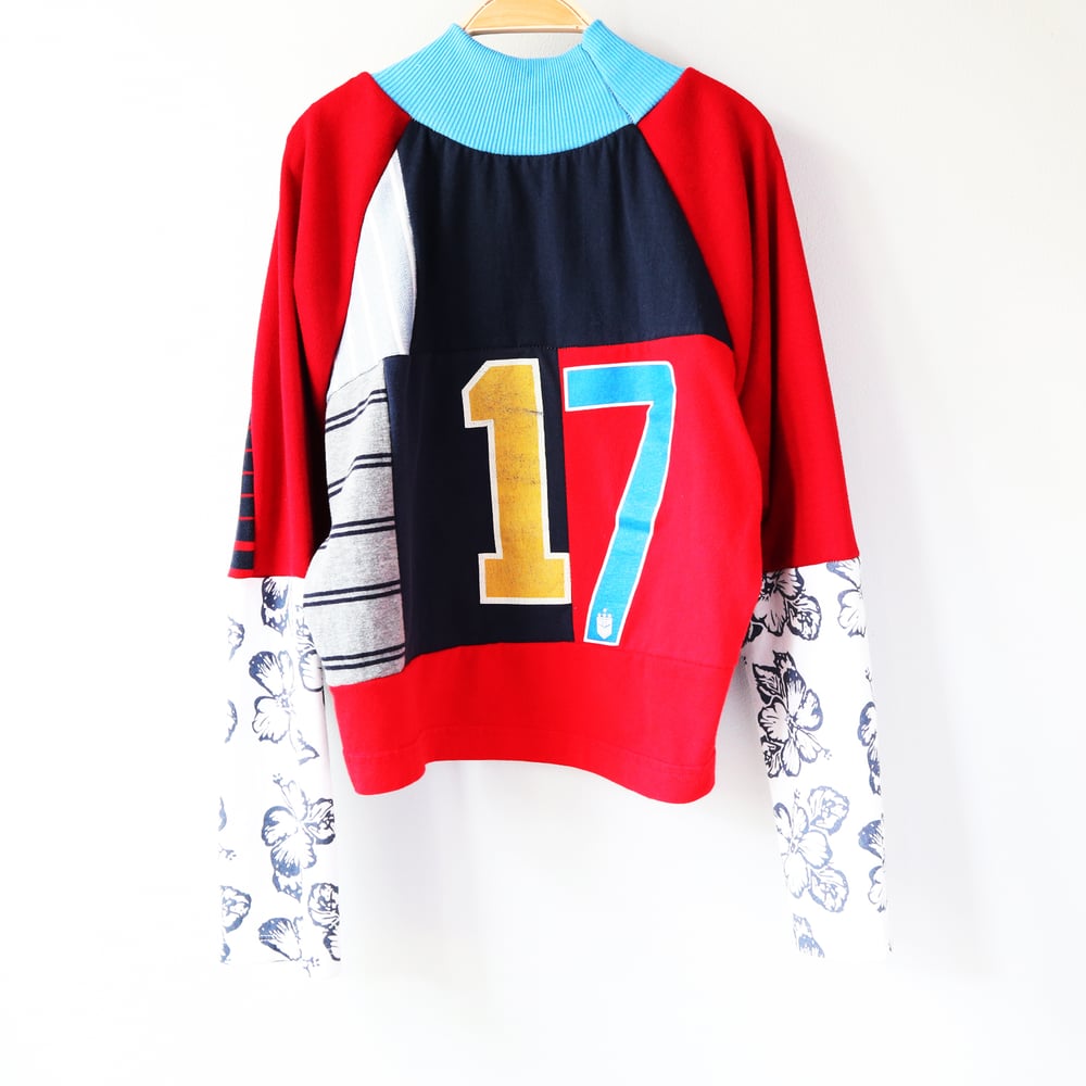 Image of blue red patchwork adult 17TH seventeenth 17 teenager teen BIRTHDAY PARTY BDAY long sleeve crop top