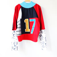 Image 1 of blue red patchwork adult 17TH seventeenth 17 teenager teen BIRTHDAY PARTY BDAY long sleeve crop top